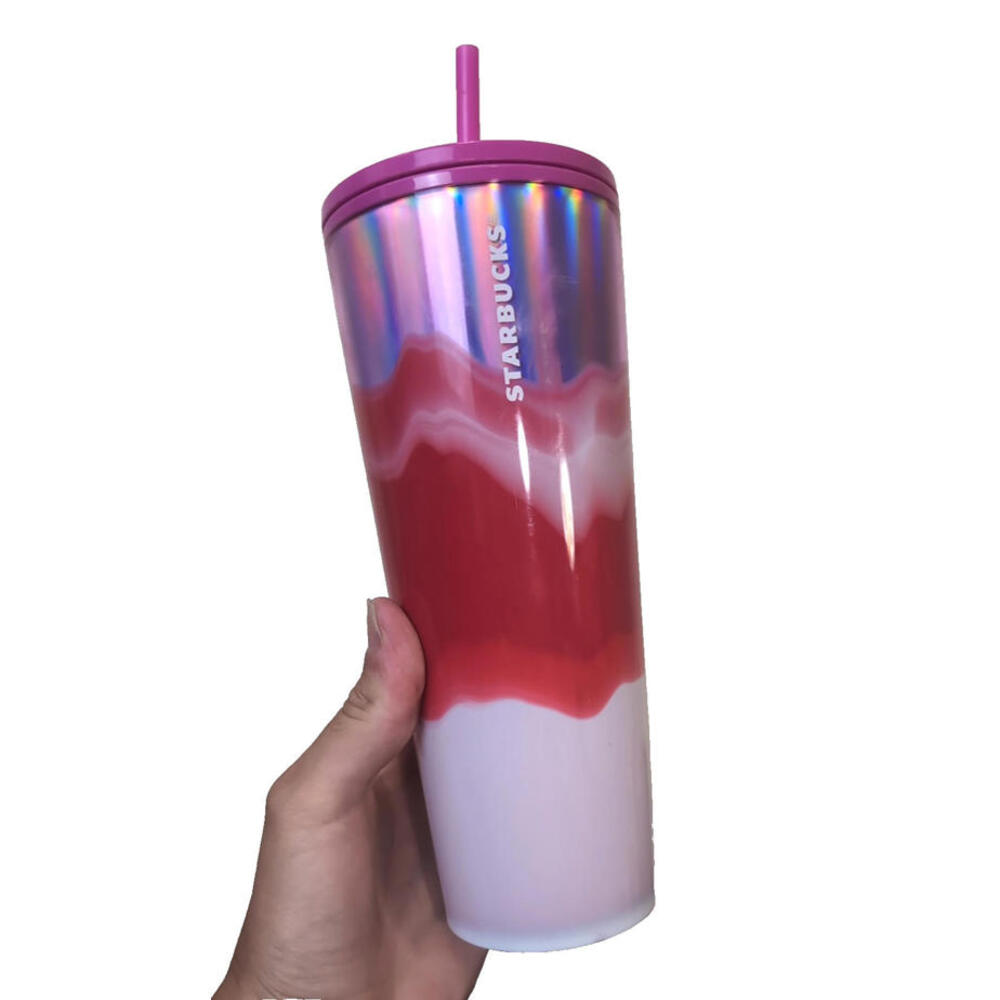 Starbucks 2021 Holiday Silver Pink White Wave Cold Cup Tumbler 24 Oz New